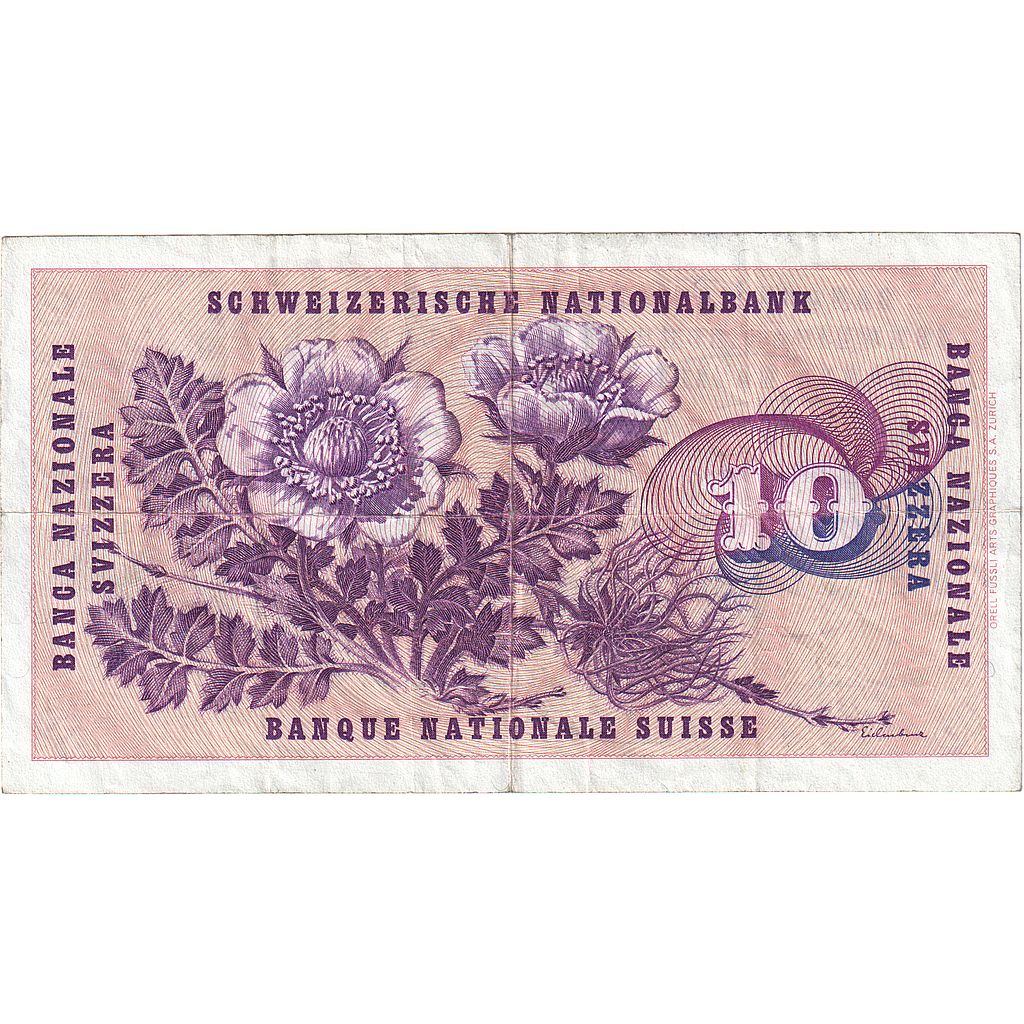 Banconote, Svizzera, 10 Franken, 1973, 1973-03-07, KM:45s, MB+