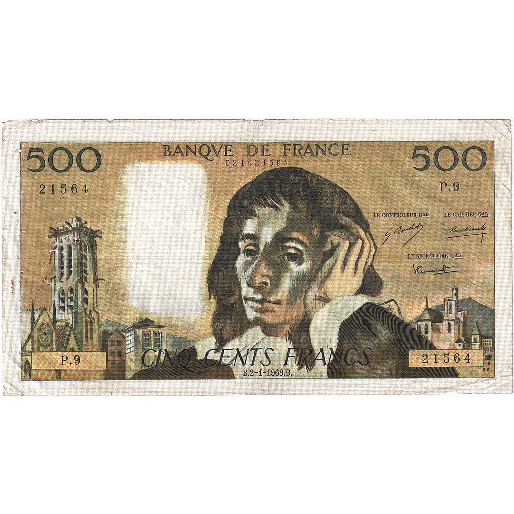 Francia, 500 Francs, Pascal, 1969, P.9, MB, Fayette:71.03, KM:156a