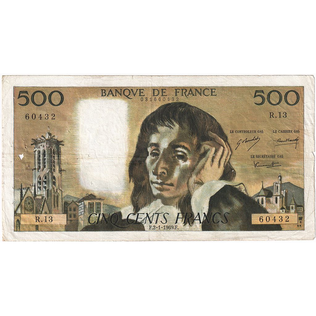 Francia, 500 Francs, Pascal, 1969, R.13, MB+, Fayette:71.03, KM:156a