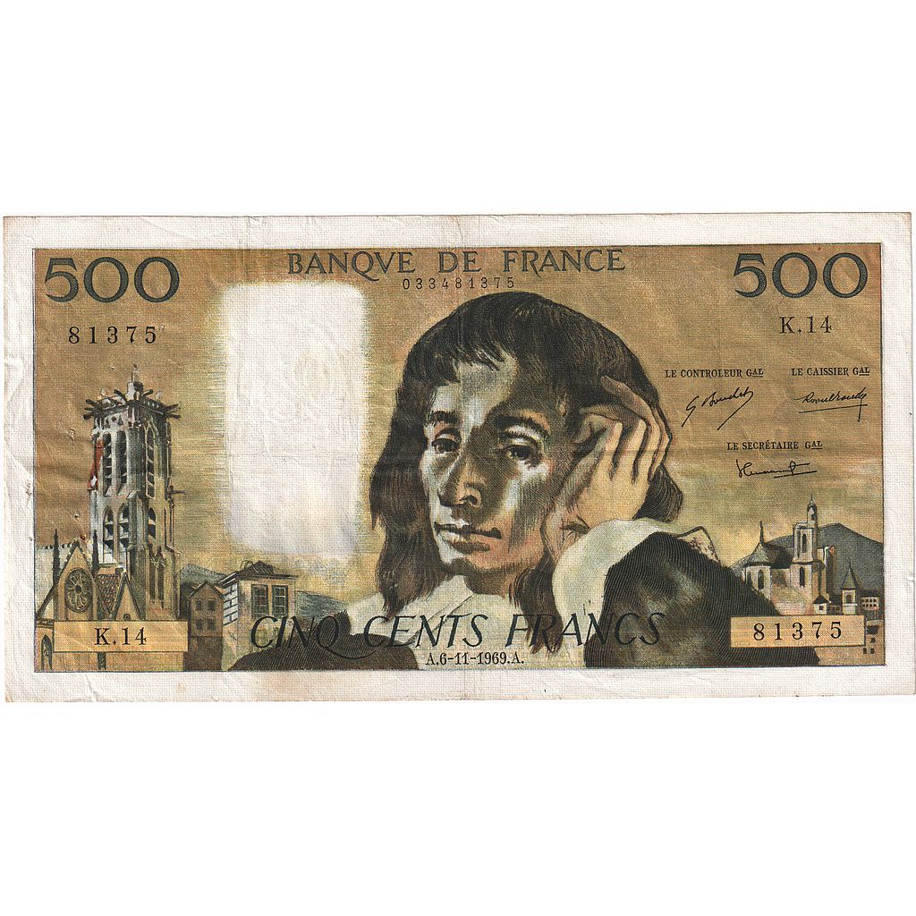 Francia, 500 Francs, Pascal, 1969, K.14, BB, Fayette:71.4, KM:156a