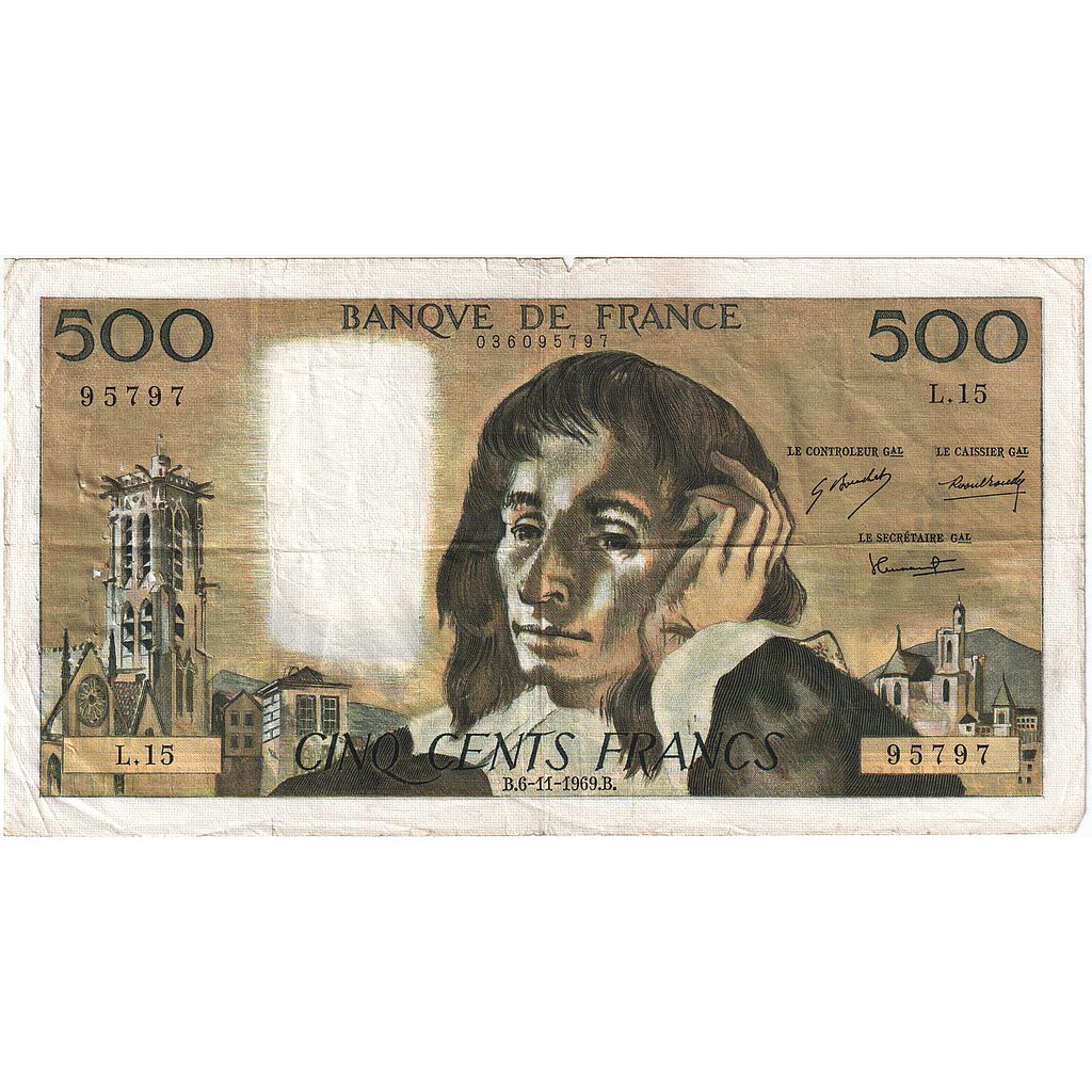 Francia, 500 Francs, Pascal, 1969, L.15, MB+, Fayette:71.4, KM:156a
