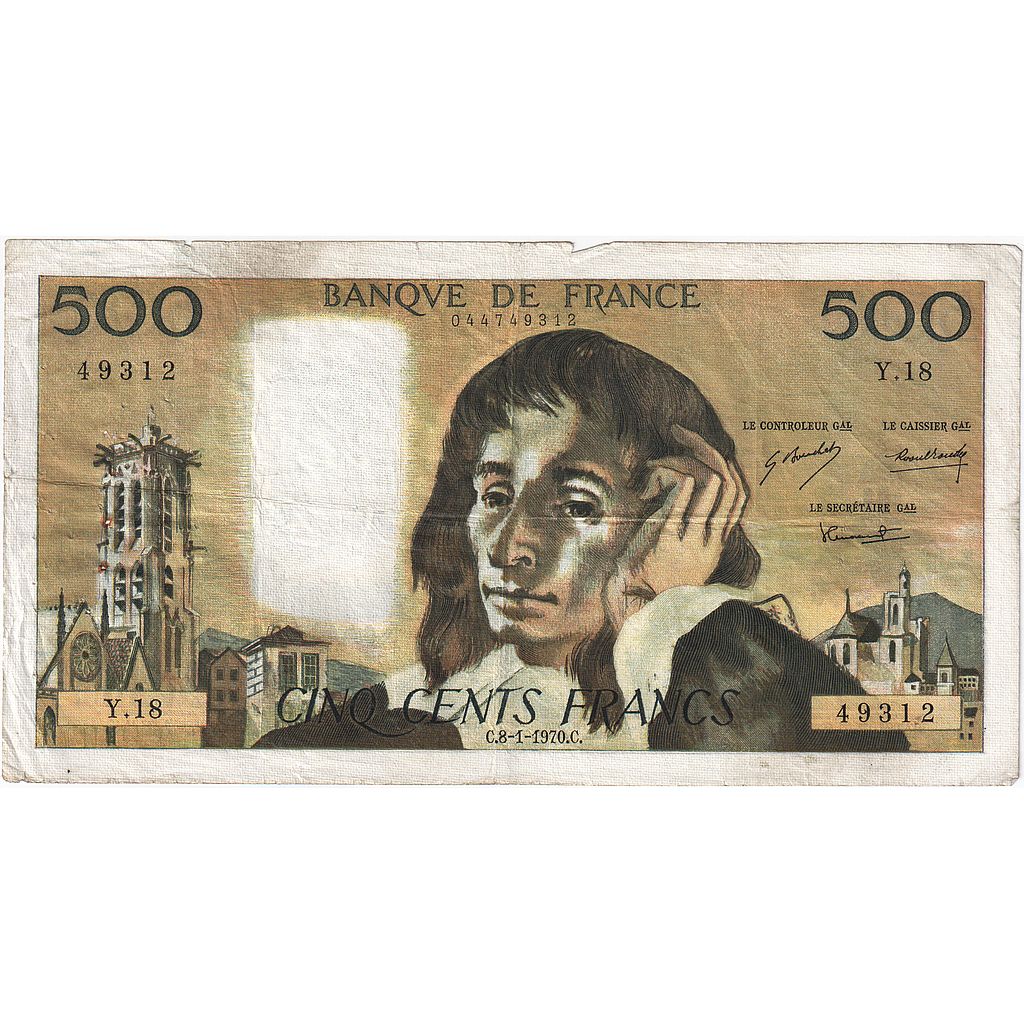 Francia, 500 Francs, Pascal, 1970, Y.18, MB, Fayette:71.5, KM:156a