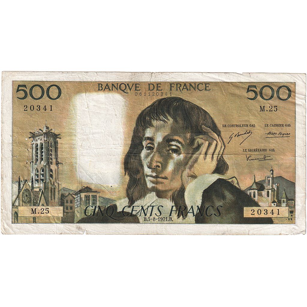 Francia, 500 Francs, Pascal, 1971, M.25, MB, Fayette:71.6, KM:156b