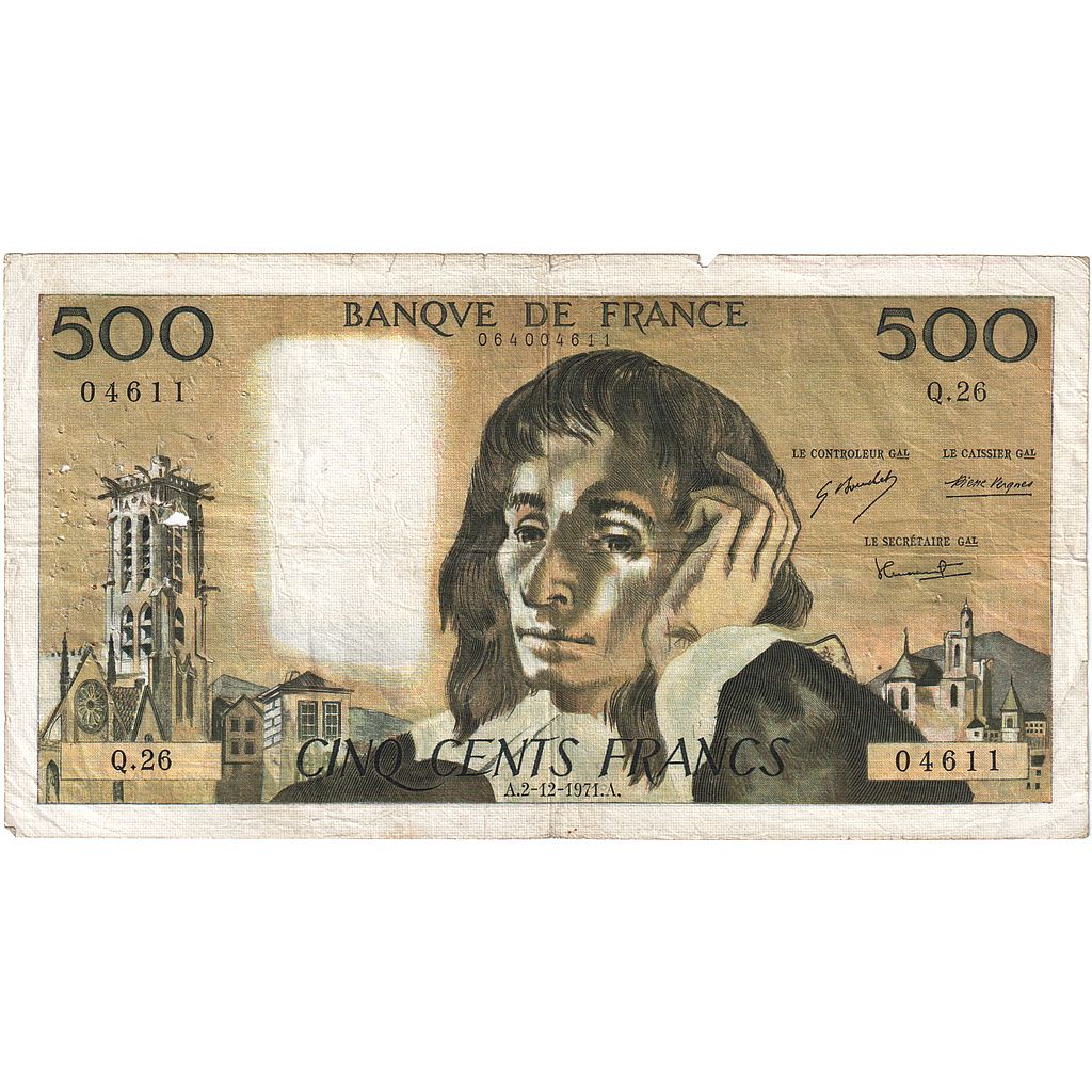 Francia, 500 Francs, Pascal, 1971, Q.26, MB+, Fayette:71.7, KM:156b