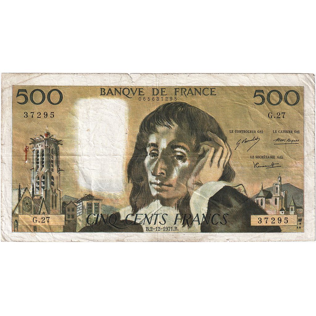 França, 500 Francs, Pascal, 1971, G.27, VF(20-25), Fayette:71.7, KM:156b