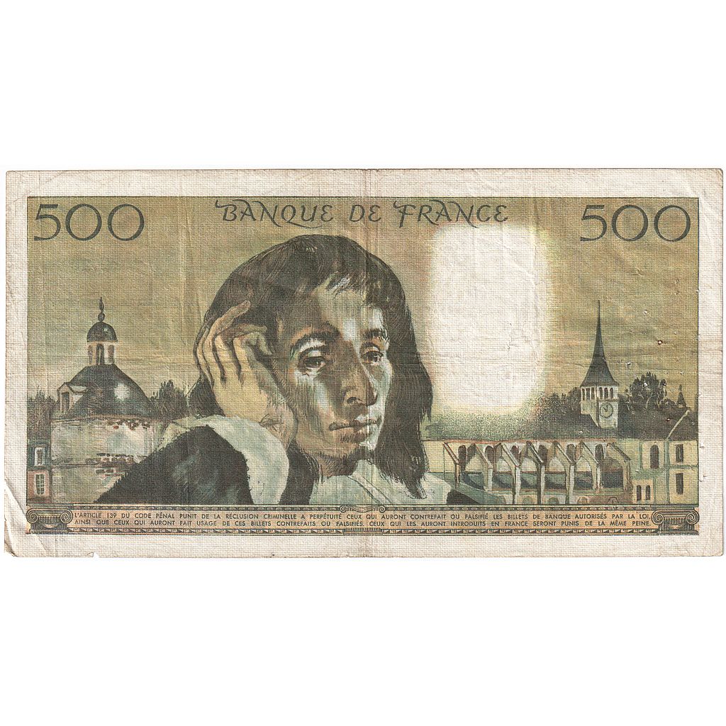 Francja, 500 Francs, Pascal, 1971, U.26, VF(20-25), Fayette:71.7, KM:156b