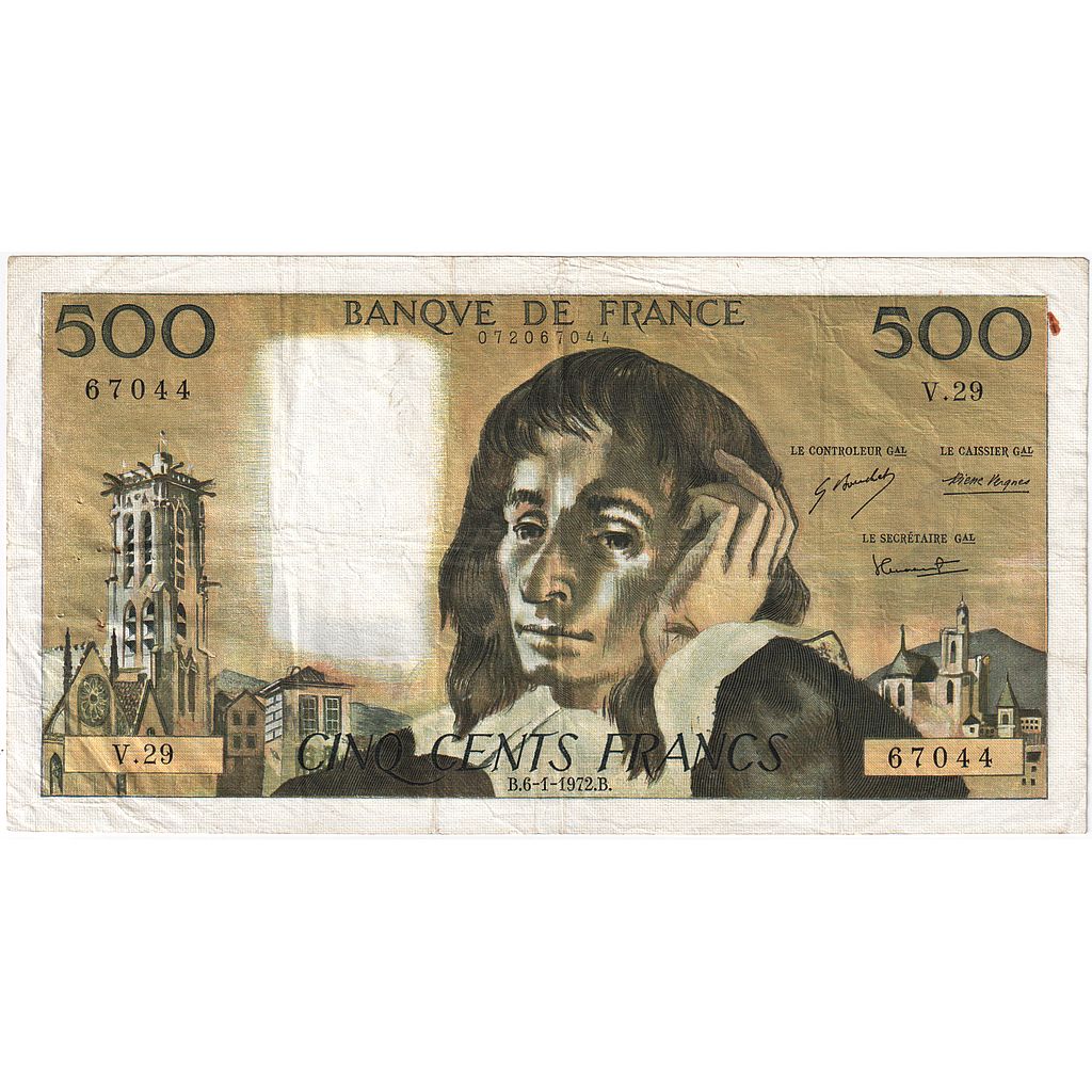 Francia, 500 Francs, Pascal, 1972, V.29, BB, Fayette:71.8, KM:156b
