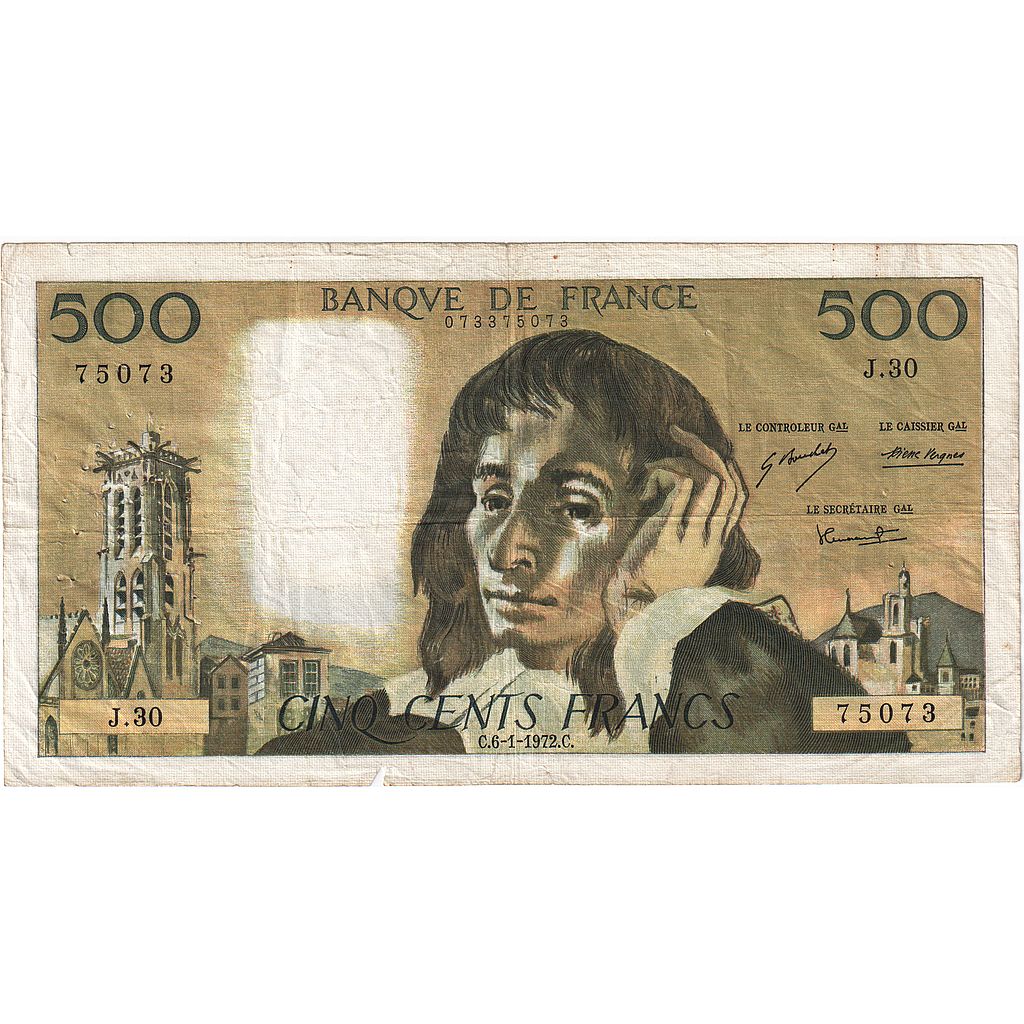 France, 500 Francs, Pascal, 1972, J.30, TB, Fayette:71.8, KM:156b