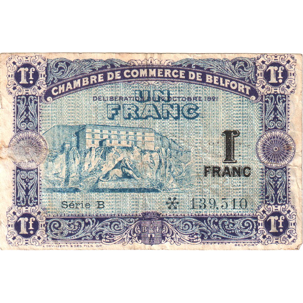 France, Belfort, 1 Franc, 1921, TB, Pirot:23-54