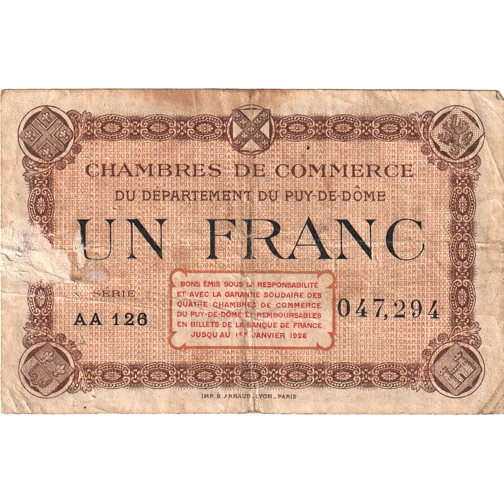 França, Ambert,Riom,Clermont-Ferrand,Thiers, 1 Franc, Chambre de Commerce