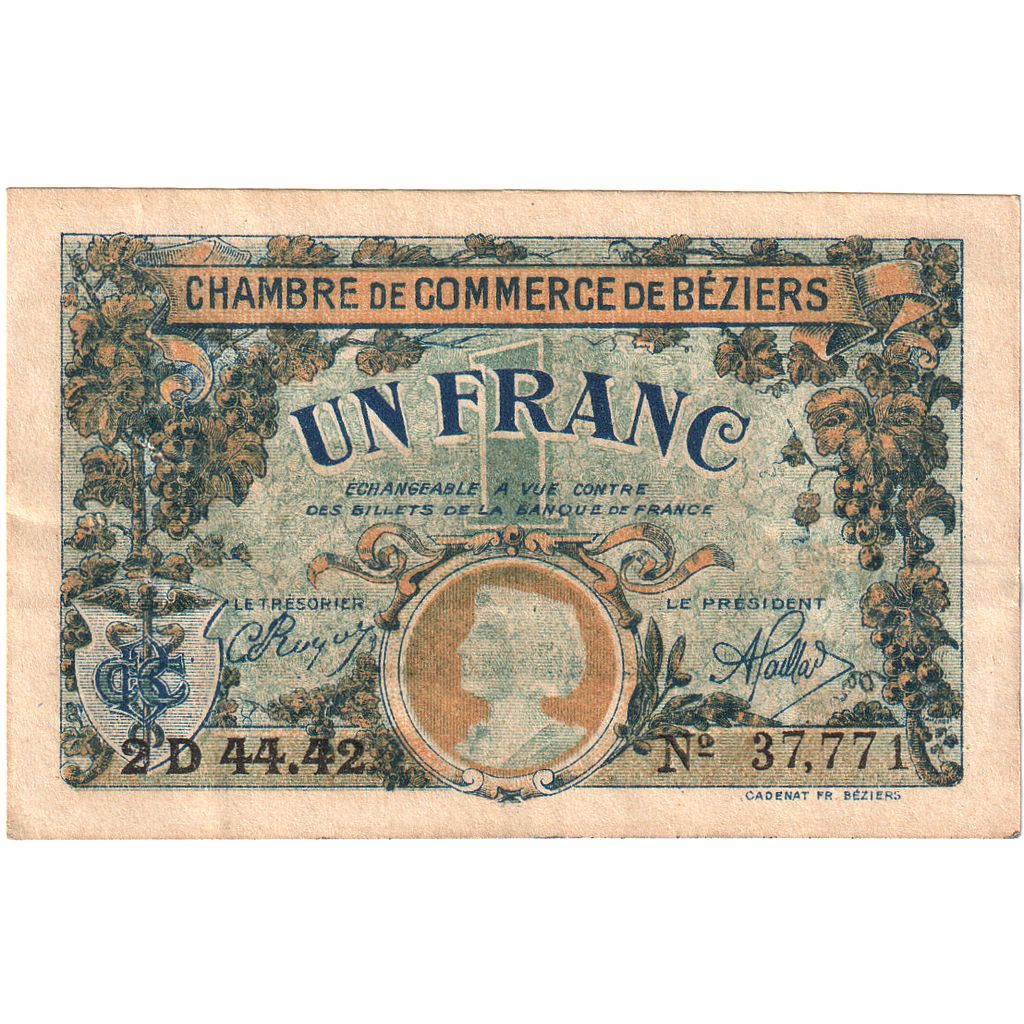 France, 1 Franc, 1922-03-14, 2D 44.42, Chambre de Commerce de Béziers, SUP