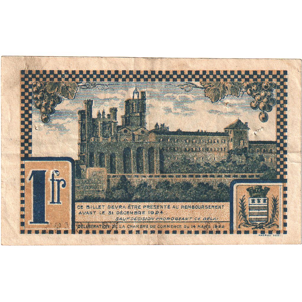 France, 1 Franc, 1922-03-14, 2N 26.24, Chambre de Commerce de Béziers, TB+