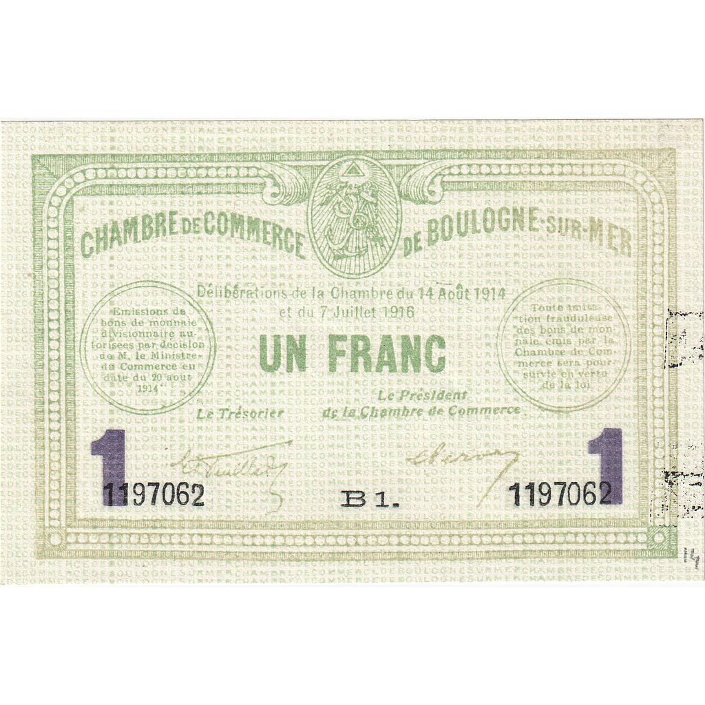 França, Boulogne-sur-Mer, 1 Franc, 1916, AU(55-58), Pirot:31-19