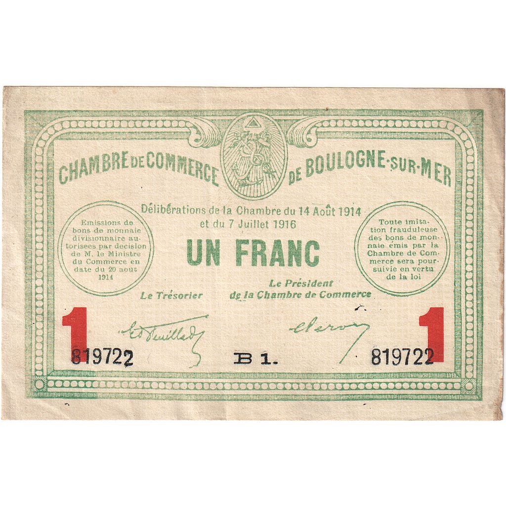 França, Boulogne-sur-Mer, 1 Franc, 1914, EF(40-45), Pirot:031.12