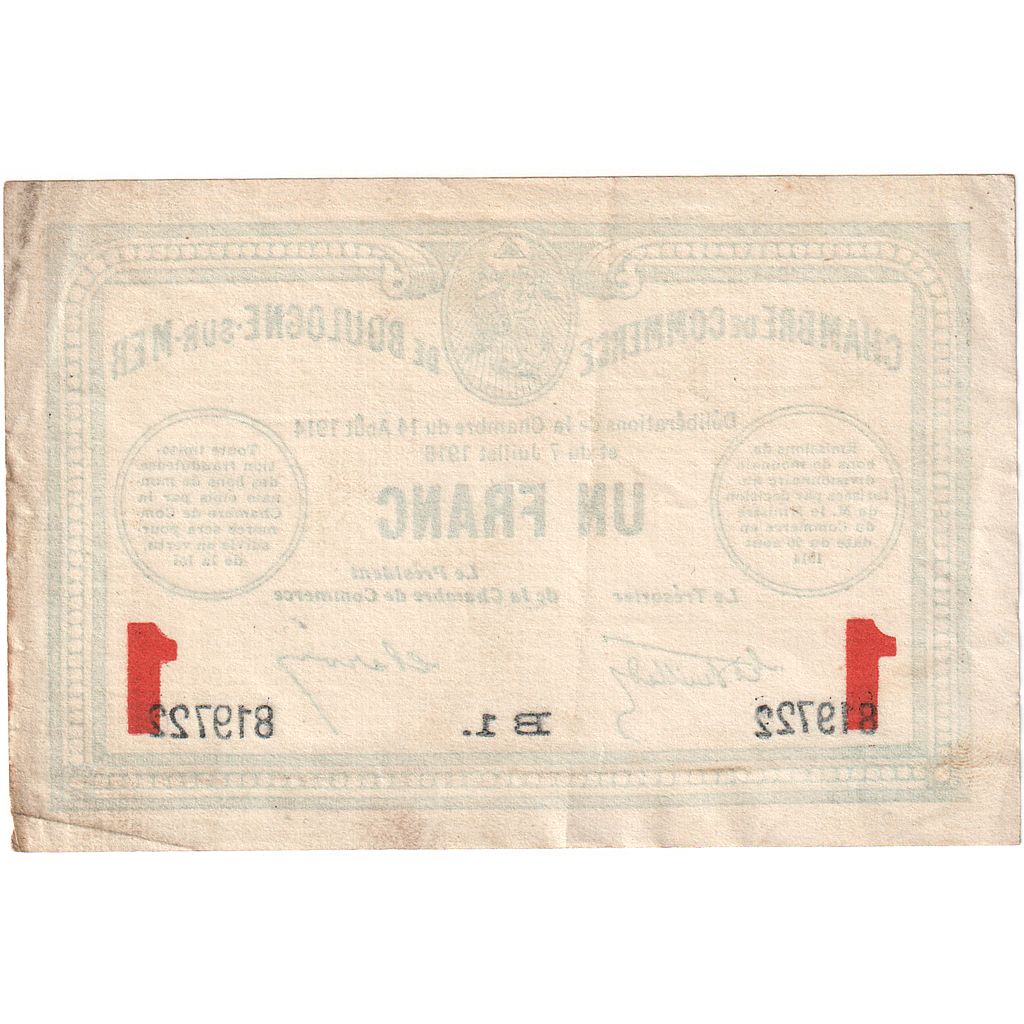 França, Boulogne-sur-Mer, 1 Franc, 1914, EF(40-45), Pirot:031.12