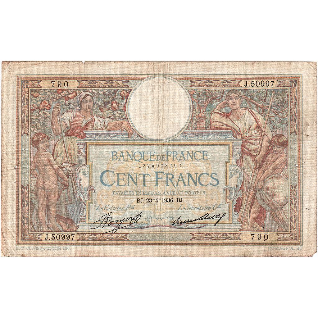 França, 100 Francs, Luc Olivier Merson, 1936, J.50997, VF(20-25)