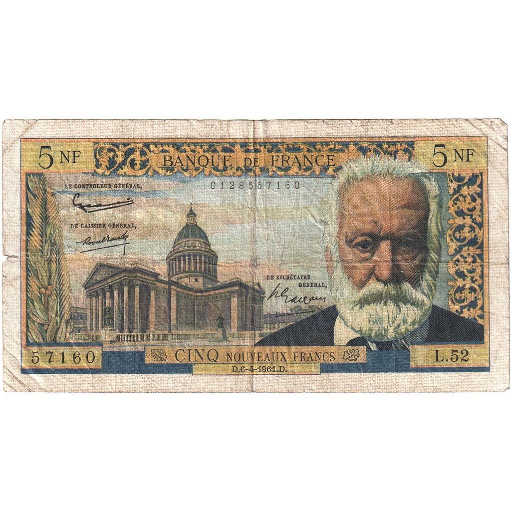 Frankrijk, 5 Nouveaux Francs, Victor Hugo, 1961, L.52, TB, Fayette:56.7, KM:141a