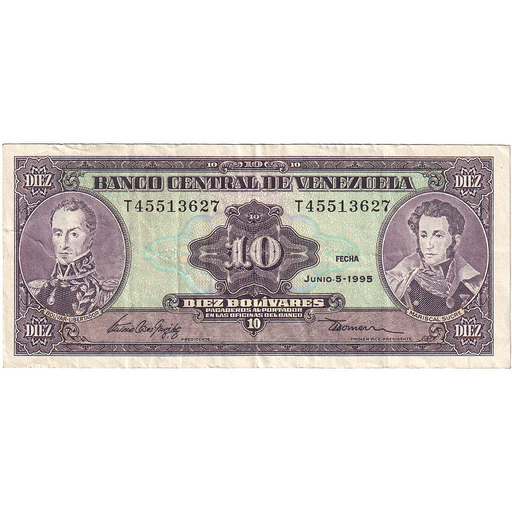 Banknot, Venezuela, 10 Bolívares, 1995, 1995-06-05, KM:61d, AU(50-53)