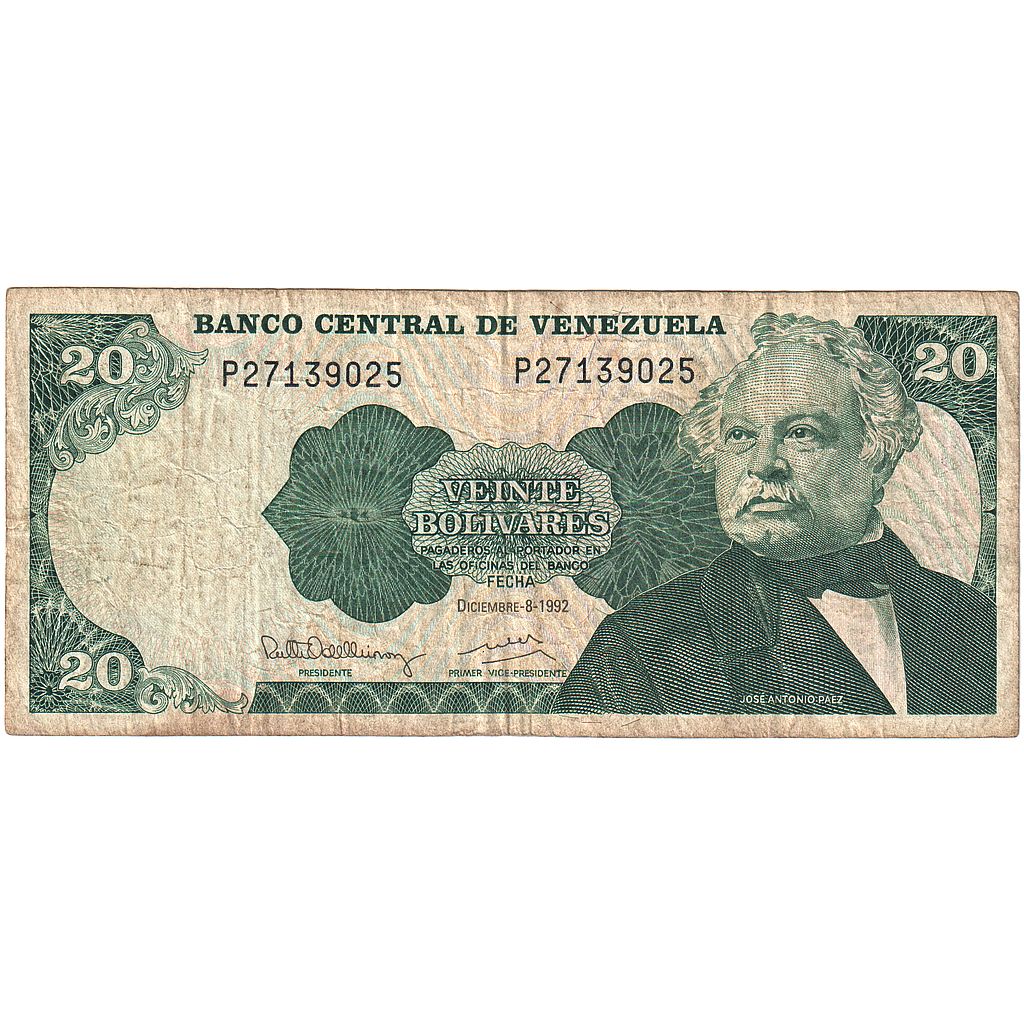 Billete, 20 Bolivares, 1992, Venezuela, 1992-12-08, KM:63d, MBC+
