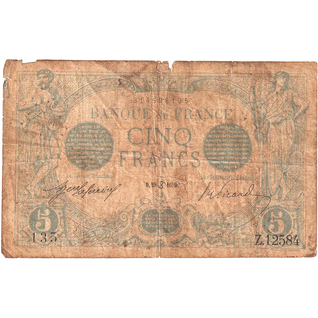 Francja, 5 Francs, Bleu, 1916-06-28, Z.12584, VG(8-10)