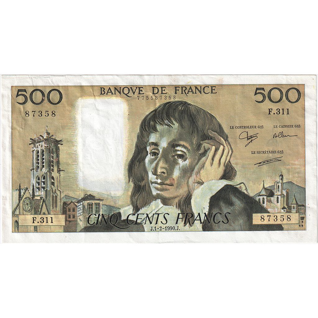 Francia, 500 Francs, Pascal, 1990, F.311, SPL-, Fayette:71.43, KM:156g