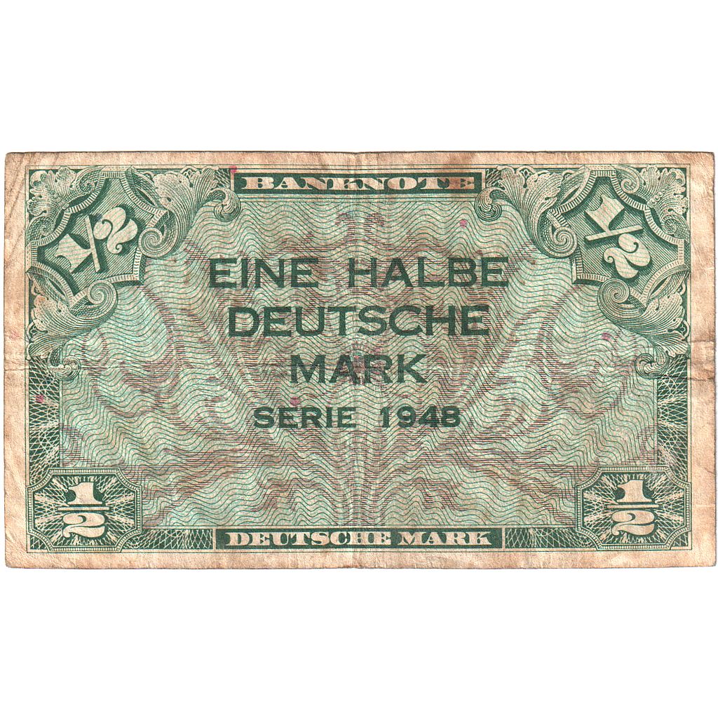 Banconote, GERMANIA - REPUBBLICA FEDERALE, 1/2 Deutsche Mark, 1948, KM:1a, MB