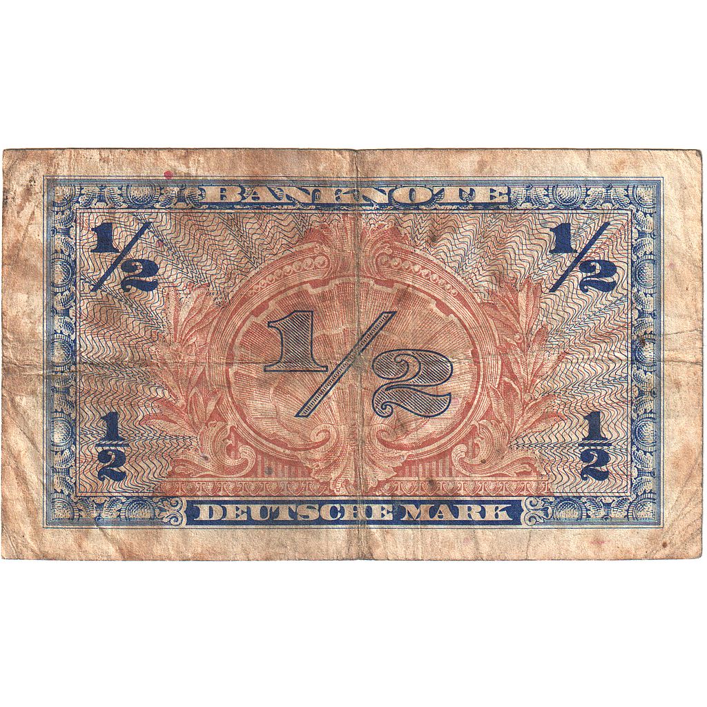 Banconote, GERMANIA - REPUBBLICA FEDERALE, 1/2 Deutsche Mark, 1948, KM:1a, MB