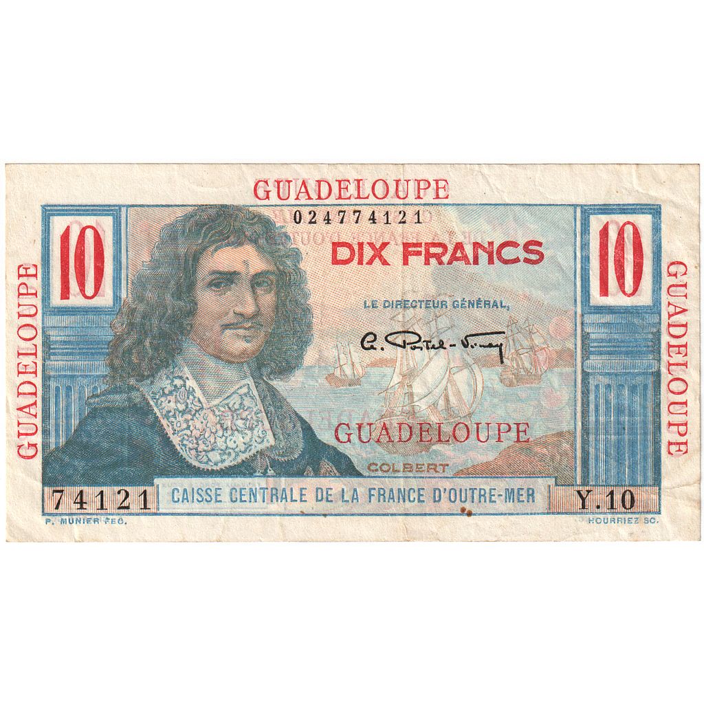 Gwadelupa, 10 Francs, Undated (1947-49), Y.10, Colbert, AU(55-58), KM:32