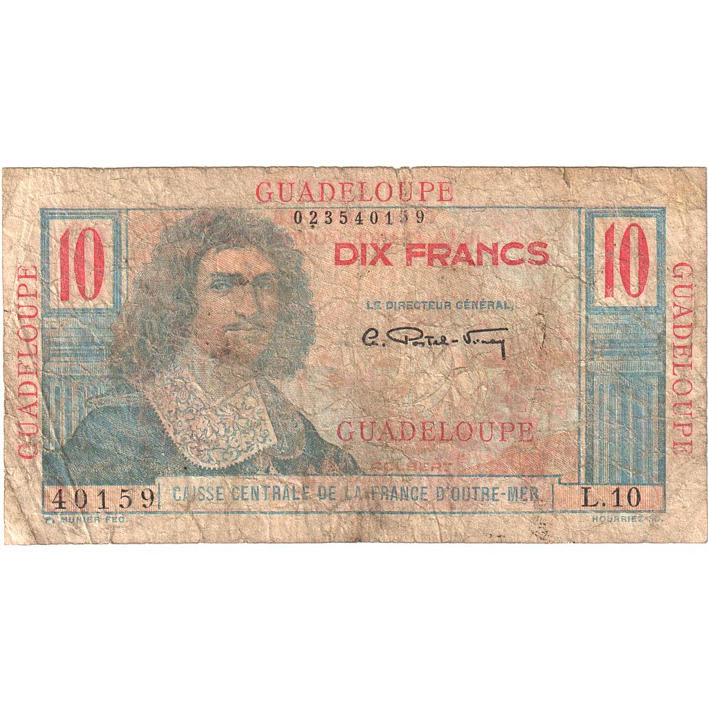 Guadeloupe, 10 Francs, Undated (1947-49), L.10, Colbert, B+, KM:32