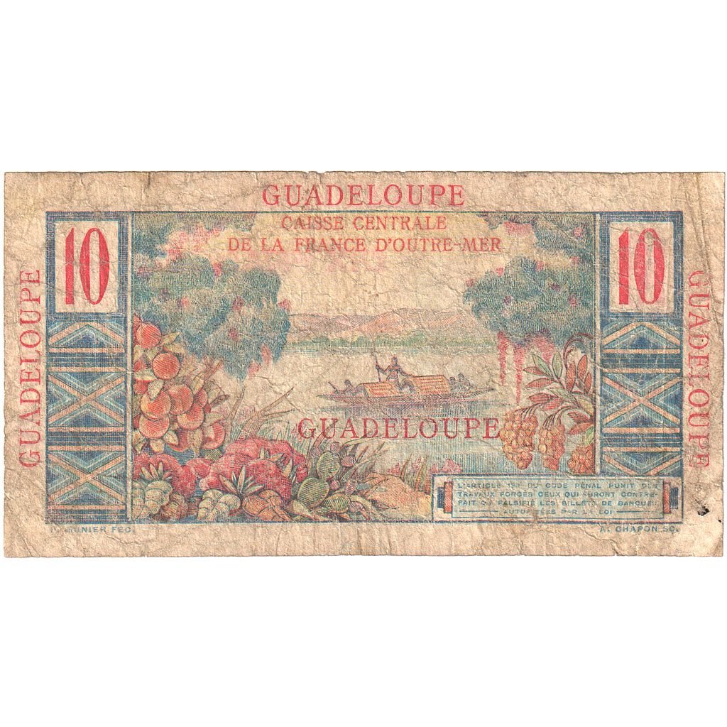 Guadeloupe, 10 Francs, Undated (1947-49), L.10, Colbert, B+, KM:32