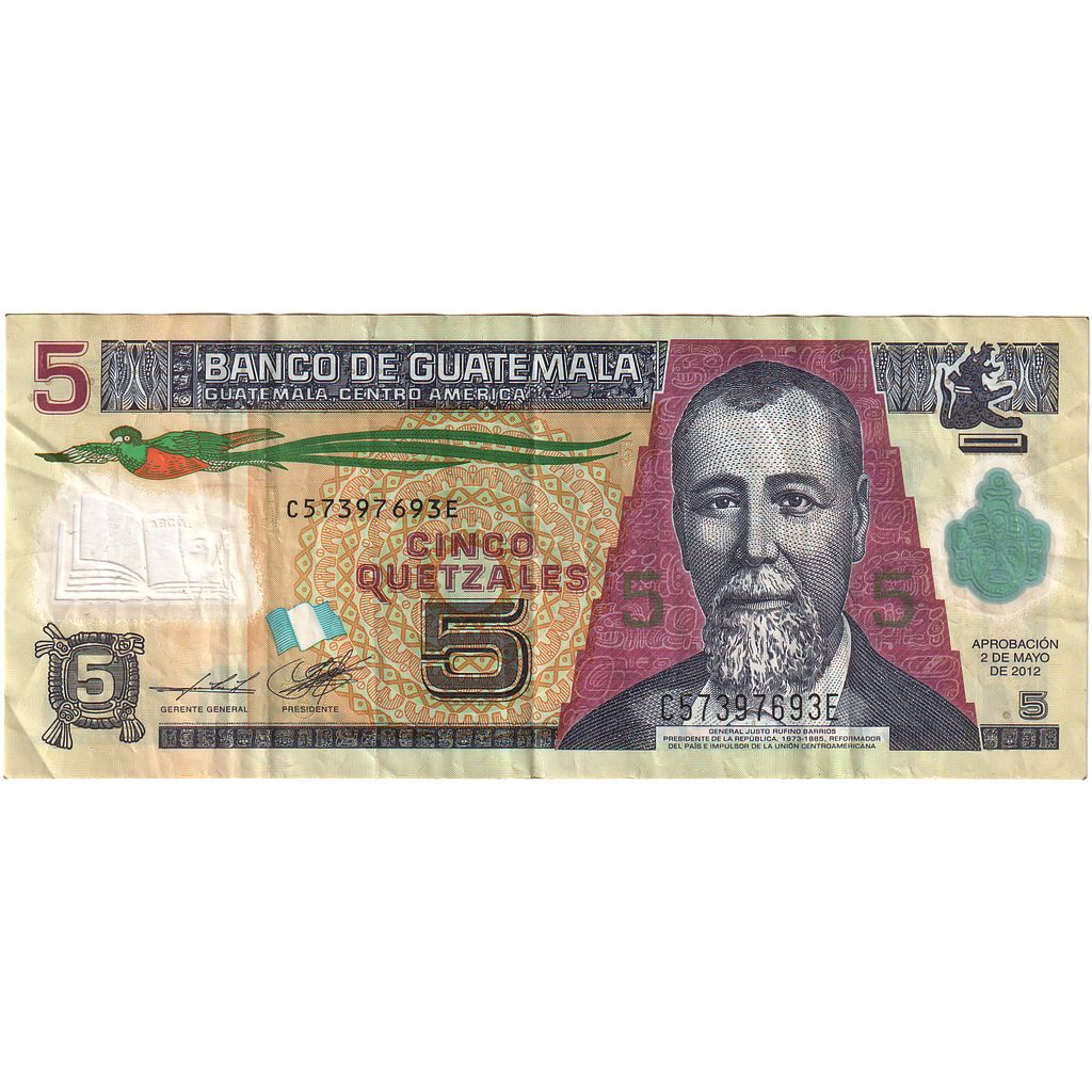 Billete, 5 Quetzales, 2012, Guatemala, 2012-05-02, KM:122b, MBC+