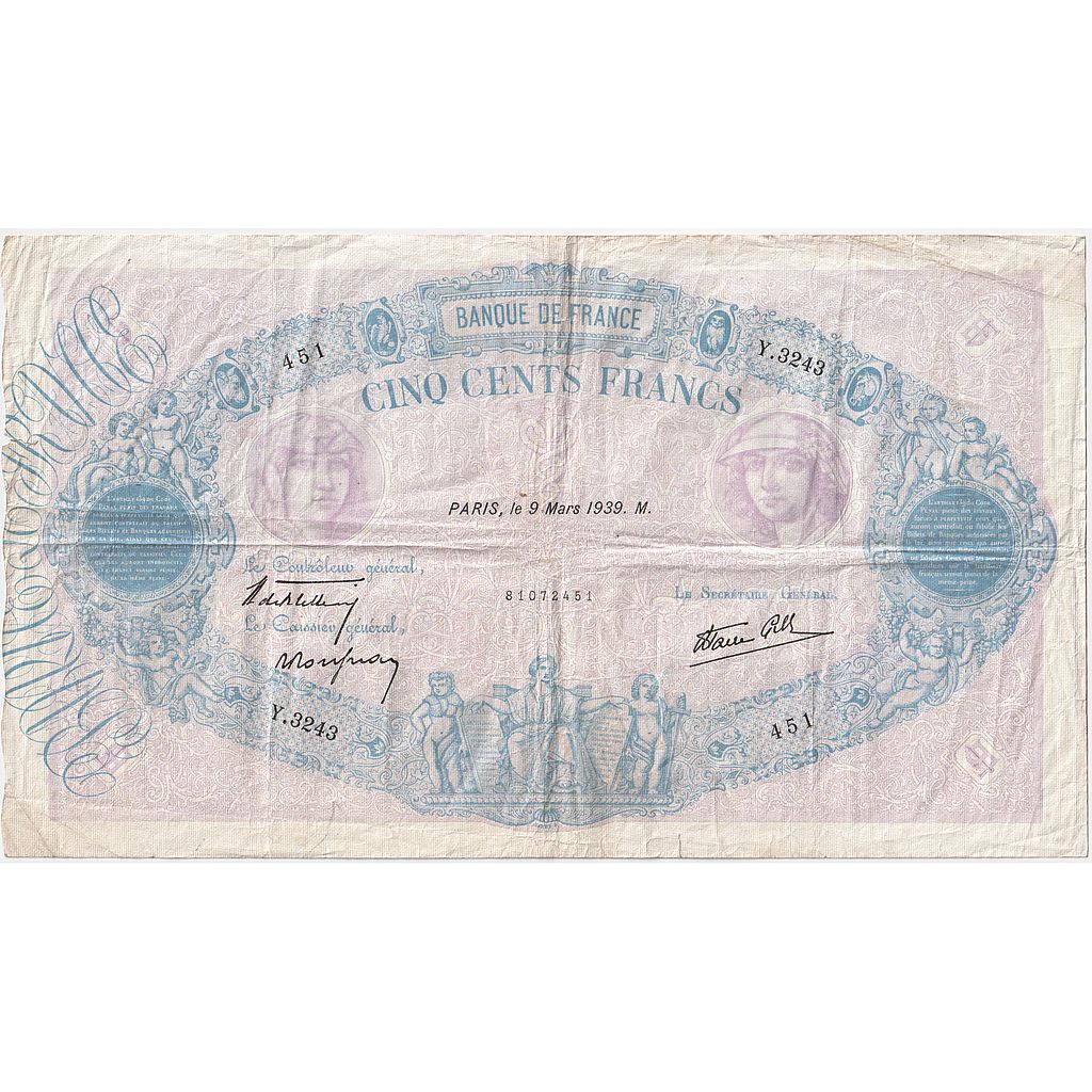 France, 500 Francs, Bleu et Rose, 1939, Y.3243, EF(40-45), Fayette:31.26, KM:88c