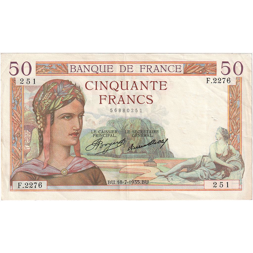Francja, 50 Francs, Cérès, 1935, F.2276, AU(50-53), Fayette:17.13, KM:81