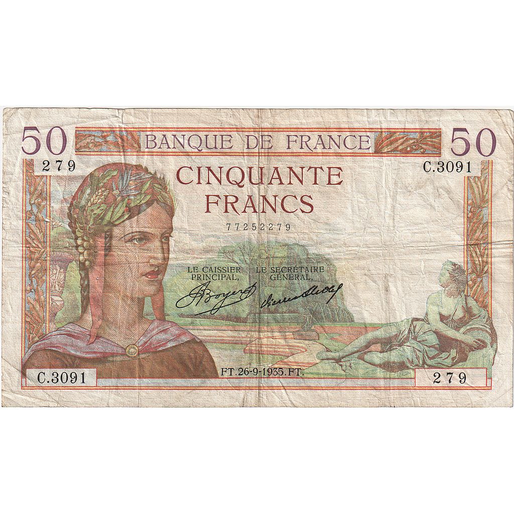 Francja, 50 Francs, Cérès, 1935, C.3091, VF(20-25), Fayette:17.17, KM:81