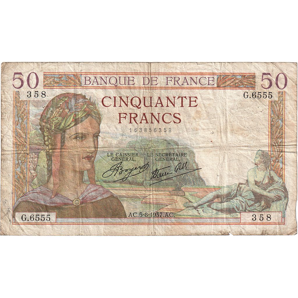 Francja, 50 Francs, Cérès, 1937, G.6555, VF(20-25), Fayette:18.2, KM:85a