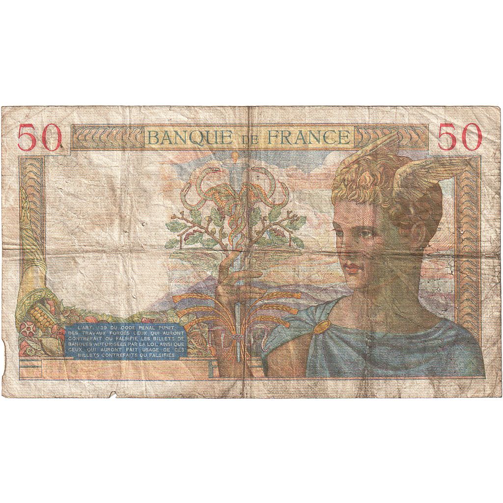 Francja, 50 Francs, Cérès, 1937, G.6555, VF(20-25), Fayette:18.2, KM:85a