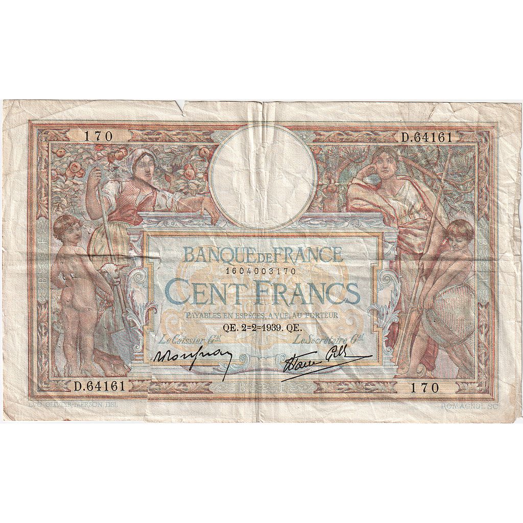 Frankrijk, 100 Francs, Luc Olivier Merson, 1939, D.64161, B, Fayette:25.41
