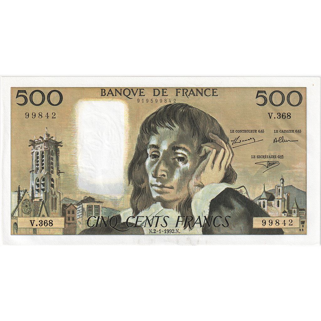 Francia, 500 Francs, Pascal, 1992, V.368, SPL+, Fayette:71.49, KM:156i