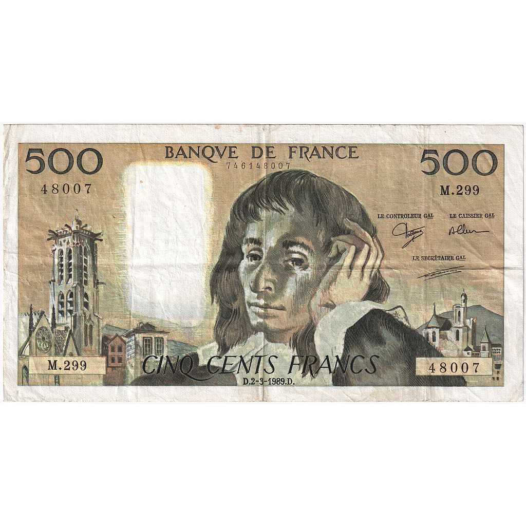 Francia, 500 Francs, Pascal, 1989, M.299, BB, Fayette:71.41, KM:156g