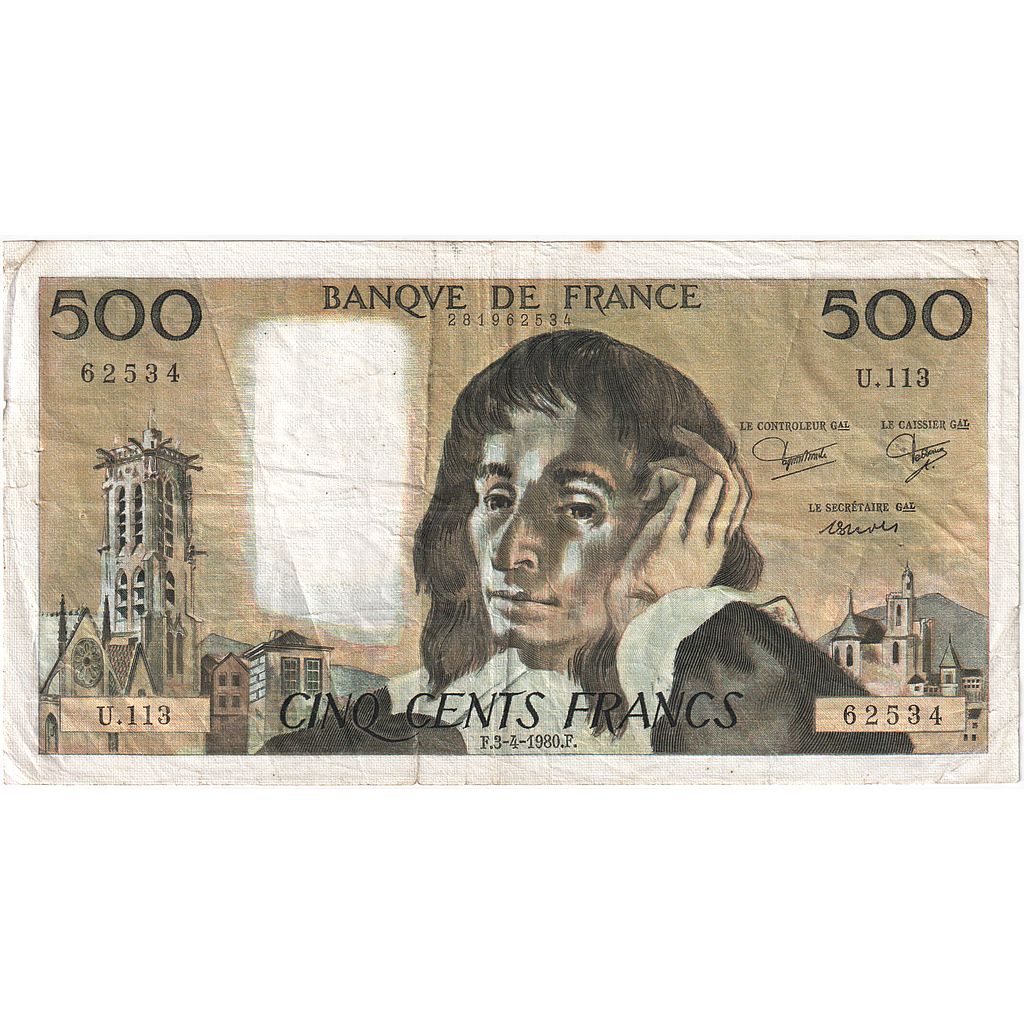 Francia, 500 Francs, Pascal, 1980, U.113, MB+, Fayette:71.21, KM:156e