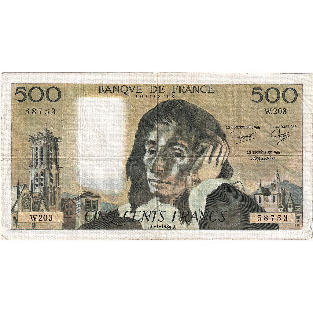 France, 500 Francs, Pascal, 1984, W.203, VF(20-25), Fayette:71.30, KM:156e