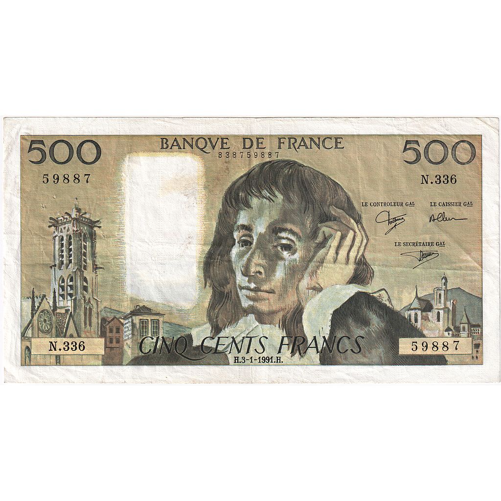 Francia, 500 Francs, Pascal, 1991, N.336, BB, Fayette:71.46, KM:156h