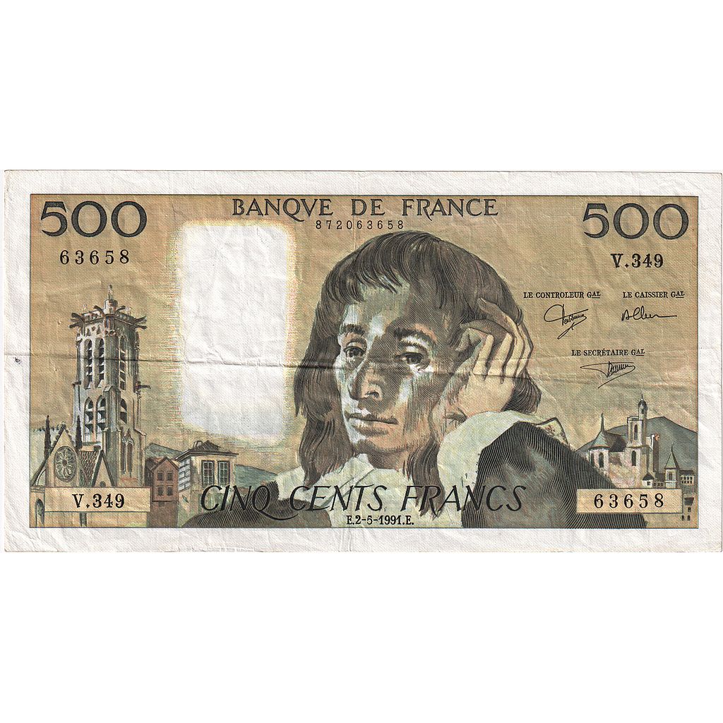 Francia, 500 Francs, Pascal, 1991, V.349, BB, Fayette:71.47, KM:156h