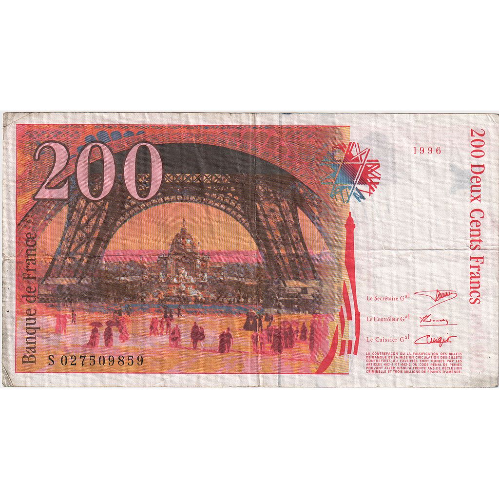 Francia, 200 Francs, Eiffel, 1996, S027509859, BC, Fayette:75.03a, KM:159b