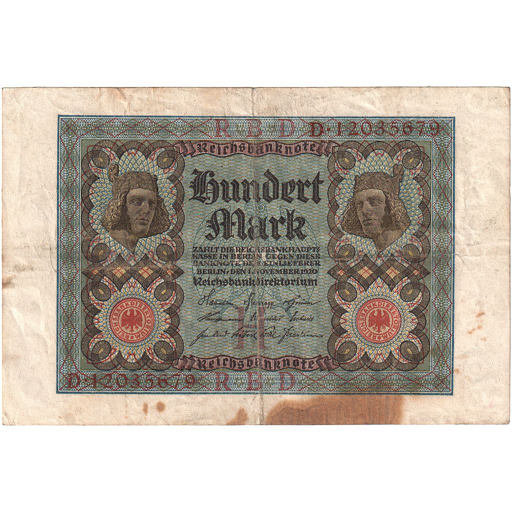 Germany, 100 Mark, 1920, 1920-11-01, KM:69b, VF(20-25)