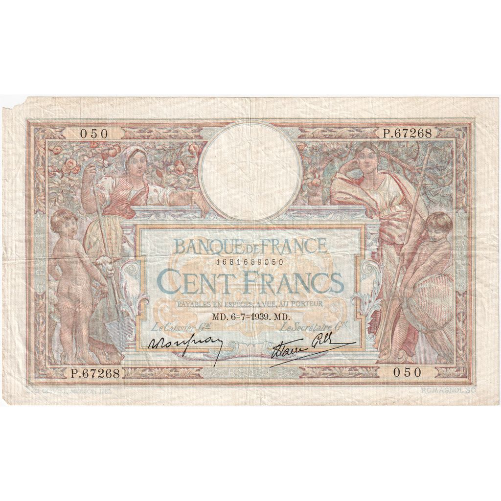 França, 100 Francs, Luc Olivier Merson, 1939, P.67268, VG(8-10), KM:86b