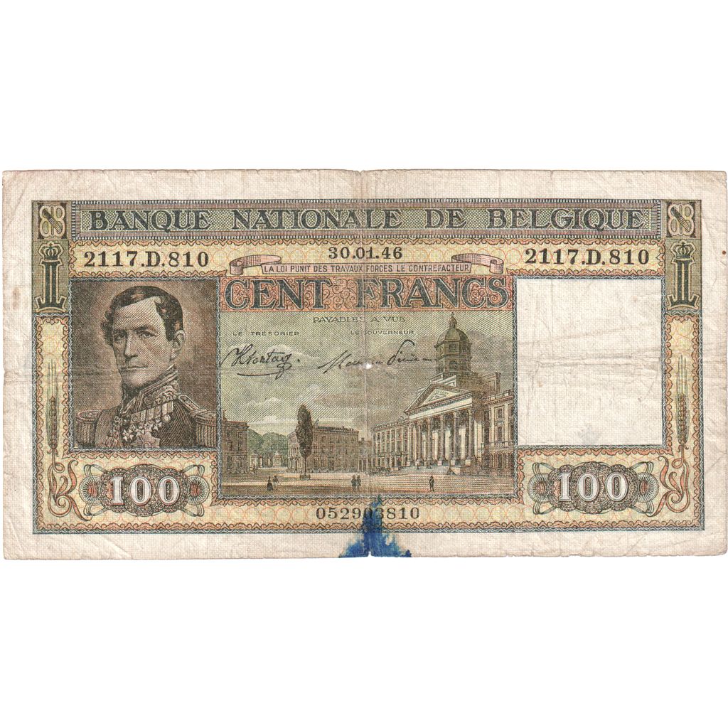 Belgio, 100 Francs, 1946, 1946-01-30, KM:126, B