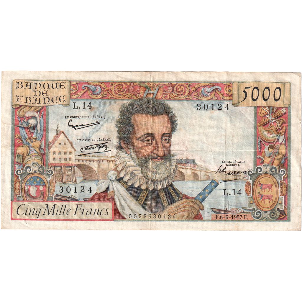 France, 5000 Francs, Henri IV, 1957, L.14, EF(40-45), Fayette:49.2, KM:135a