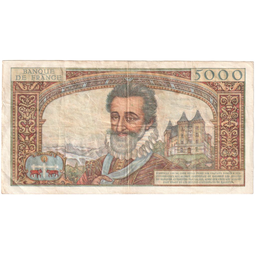France, 5000 Francs, Henri IV, 1957, L.14, EF(40-45), Fayette:49.2, KM:135a