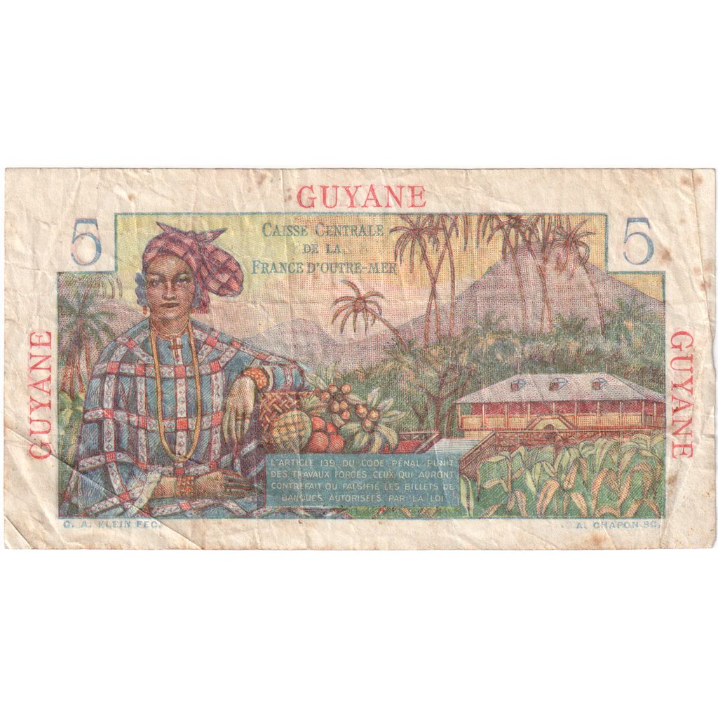FRENCH GUIANA, 5 Francs, Undated (1947-49), KM:19a, VF(20-25)